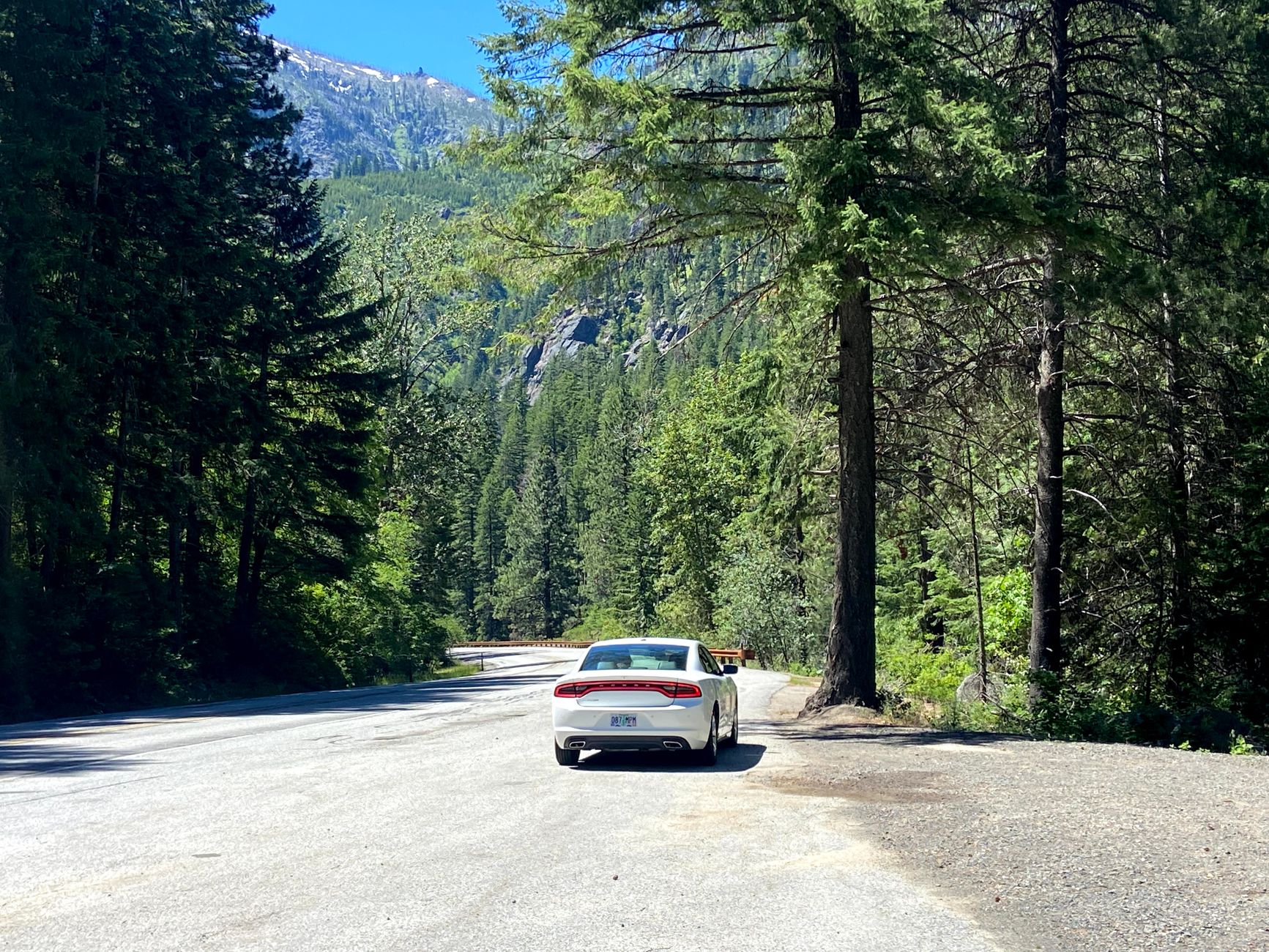 A white car parked on a scenic mountain road surrounded by dense trees and lush greenery.